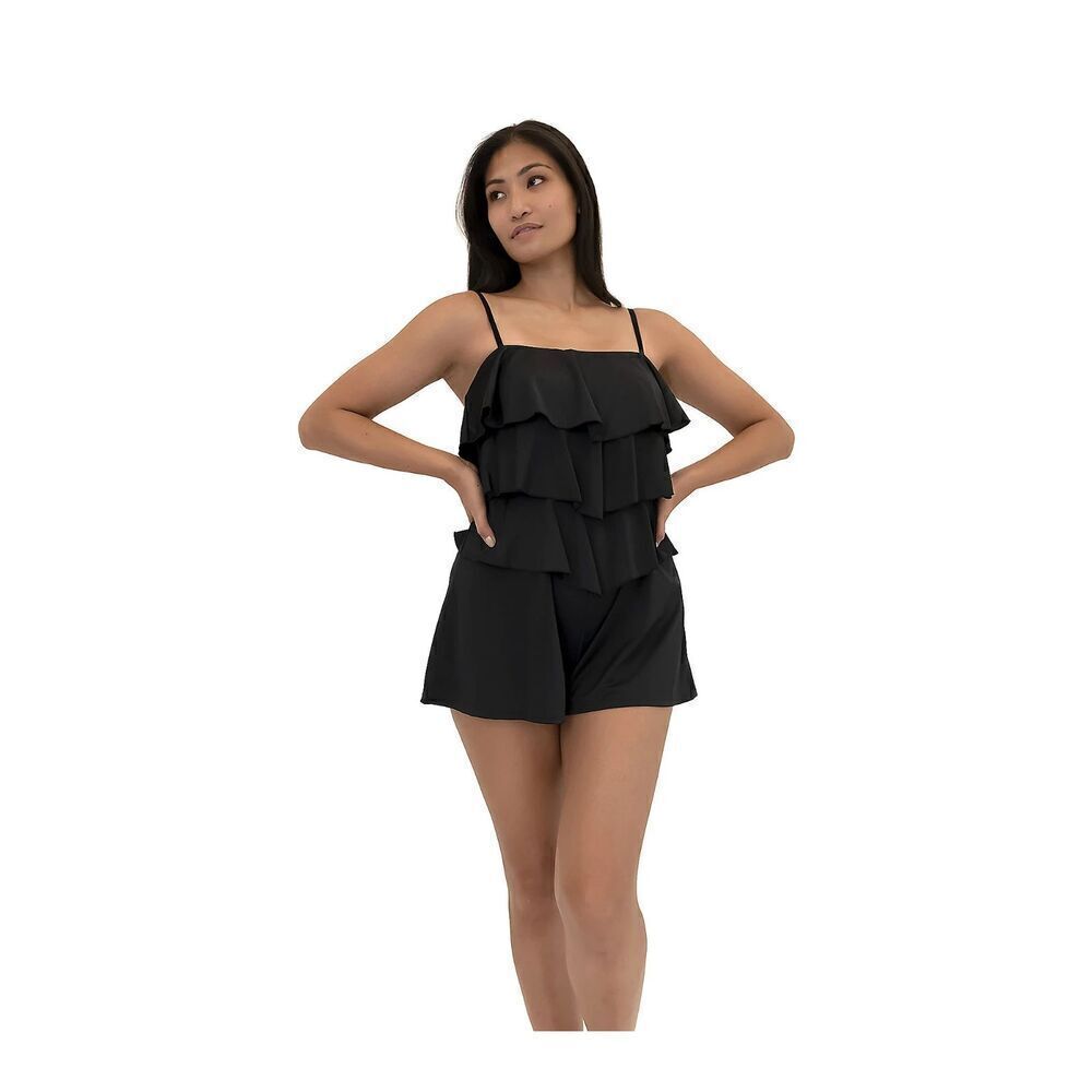 Fit4U Women Black 3 Tiered Built in Bra Romper Dress Swimsuit size 18W